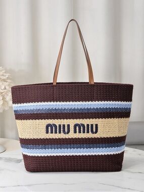 Miu Miu Brown Knit Tote with Cream and Light Blue Stripes